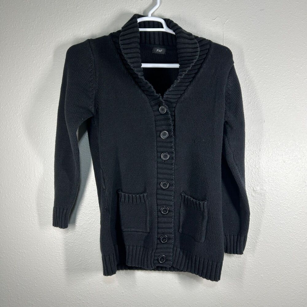 F&F Cardigan Womens 16 Black Shawl Collar Button Front Knit Sweater Long Sleeve